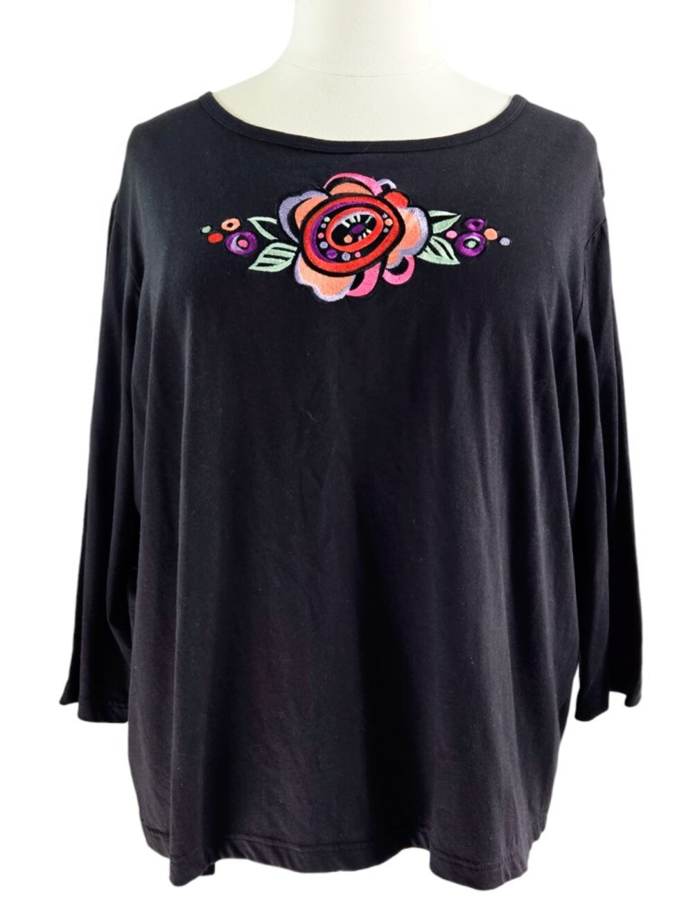 Bob Mackie Wearable Art 100% Cotton Black Floral Applique Embroidered Top